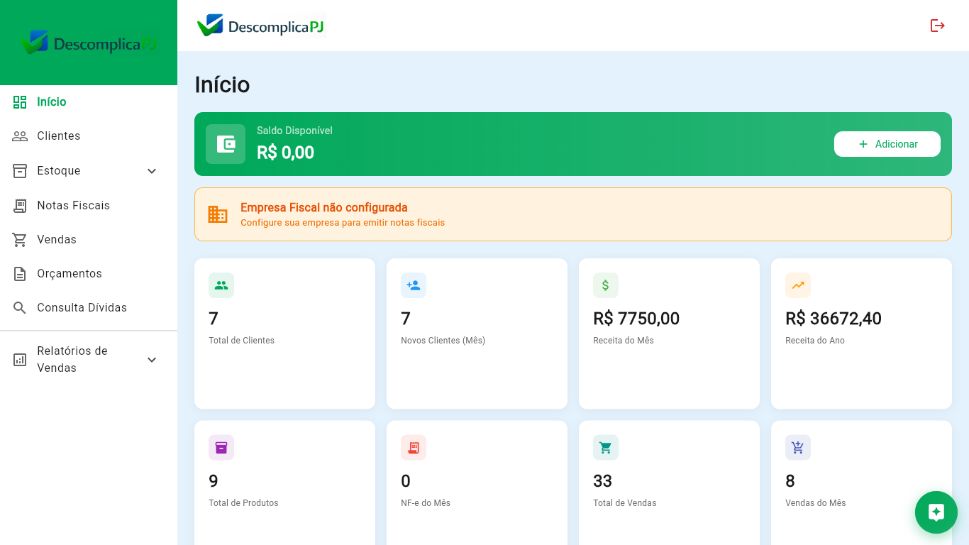 Painel do Descomplica PJ com indicadores de vendas, clientes e produtos